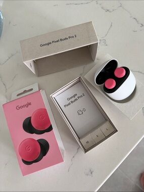 Google Pixel Buds Pro 2 Pink Earbuds with White Case and Packaging